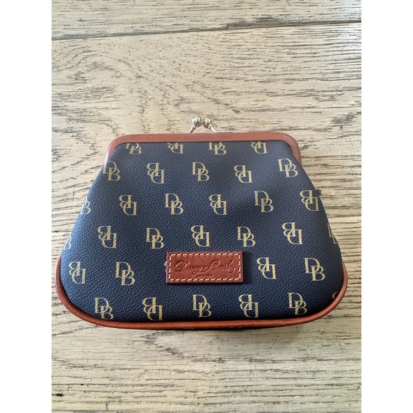 Dooney & Bourke DB Monogram Coin Purse Kiss Lock Closure Black Brown - Picture 1 of 8